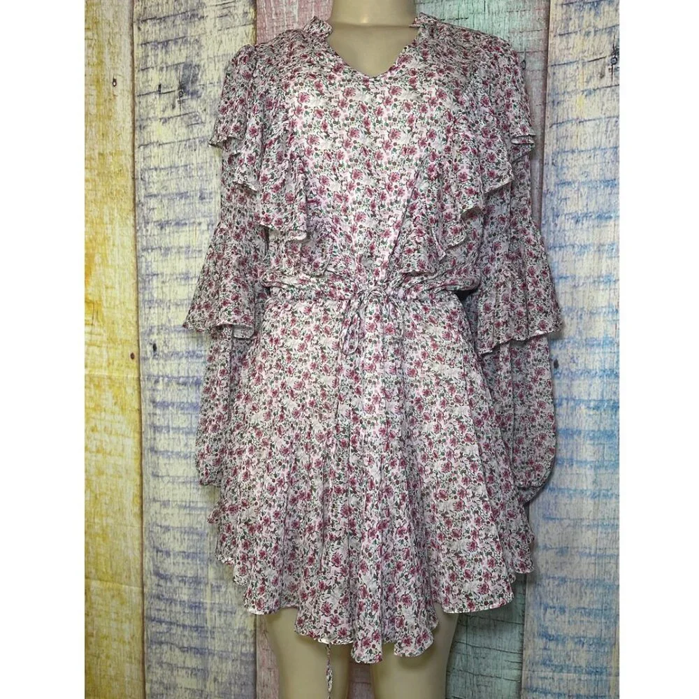 M/L Floral Print Long Sleeve Eyelet Ruffled Mini Tie Waist Dress - Picture 1 of 7